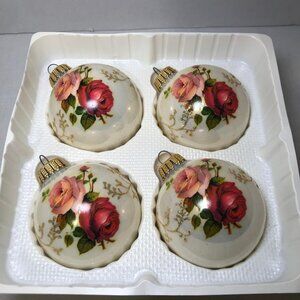 Krebs Glass Ornaments Roses Flowers Glitter  Round 4 in Box Christmas Floral